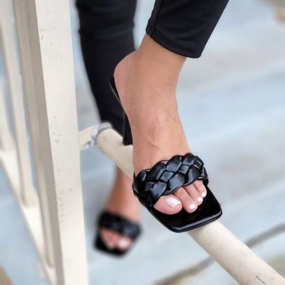 Black Braided Square Toe Sandals Slip On - Picture 6 of 7